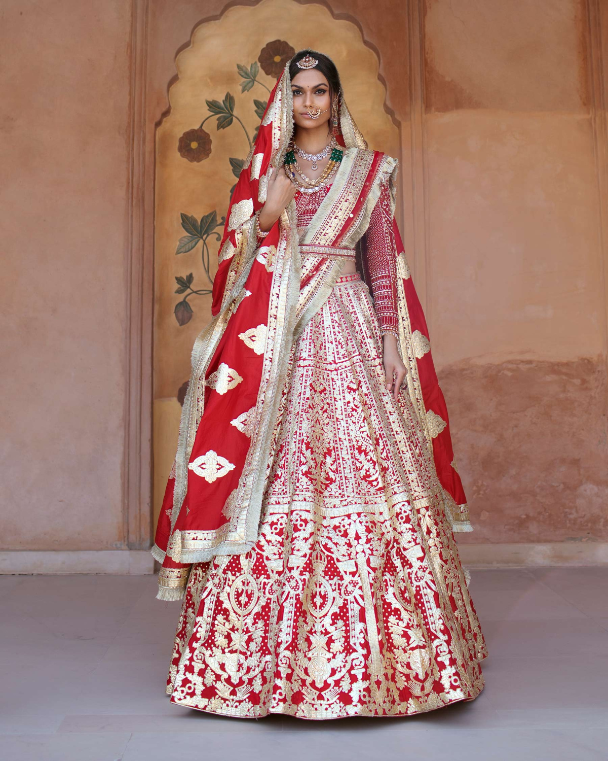 Fosette Red Lehenga Set With Golden Chrome Applique Adornments