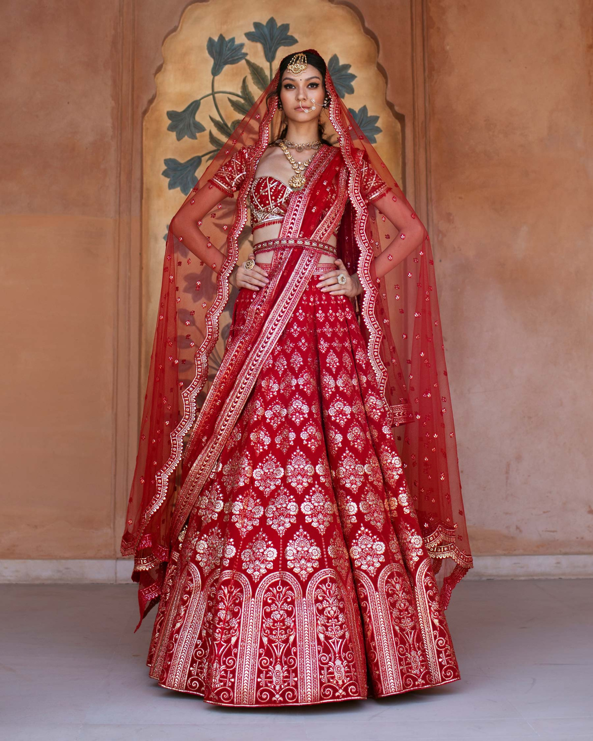 Anelise Red Chrome Applique Lehenga Set Replete With Arch Motifs