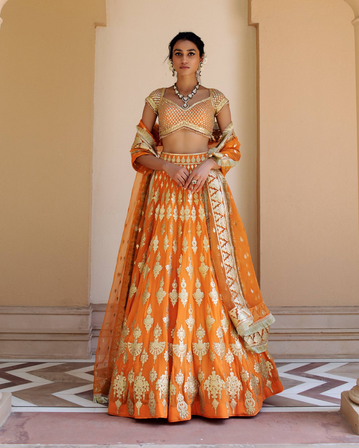 Aveline Orange Chrome Applique Lehenga Set Replete With Ethnic Motifs