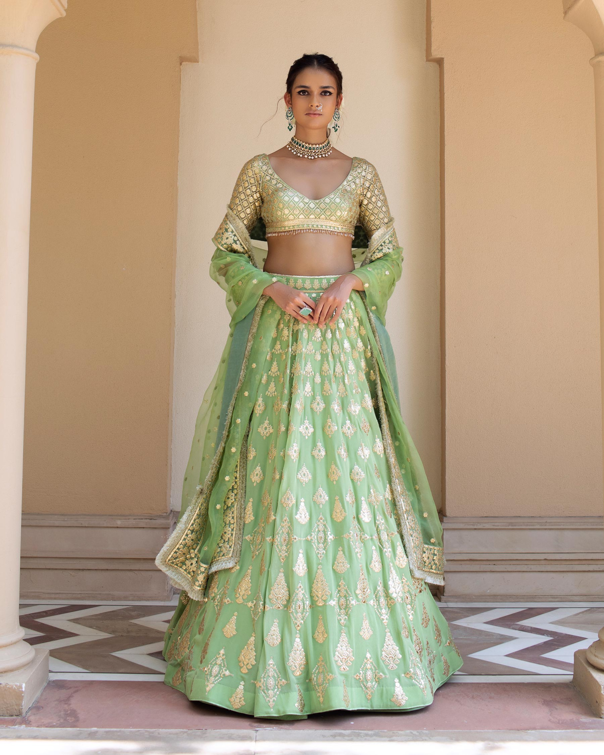 Yvette Light Green Chrome Applique Lehenga Set