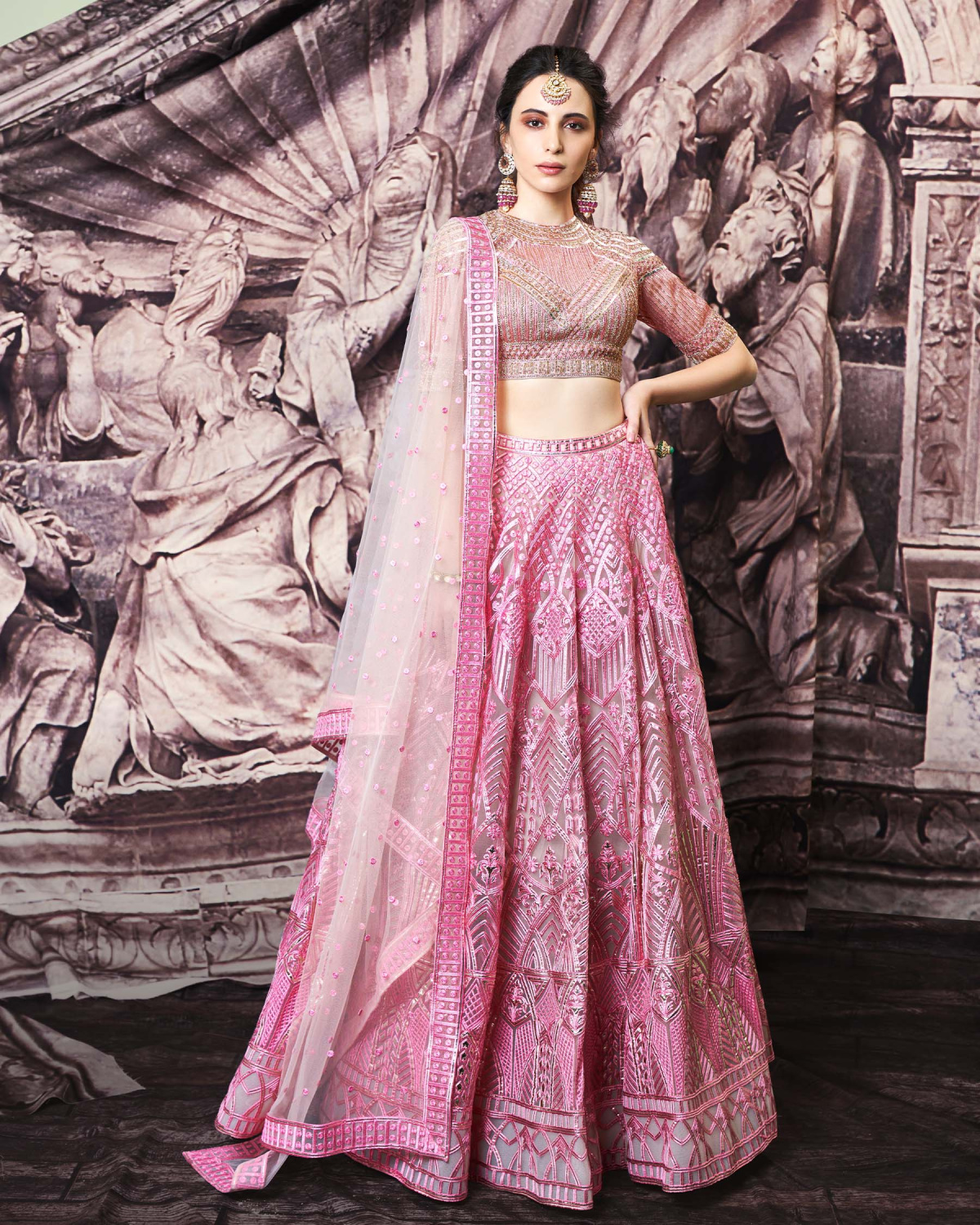 Anaya Beige Tulle, Golden Foil Lehenga Set