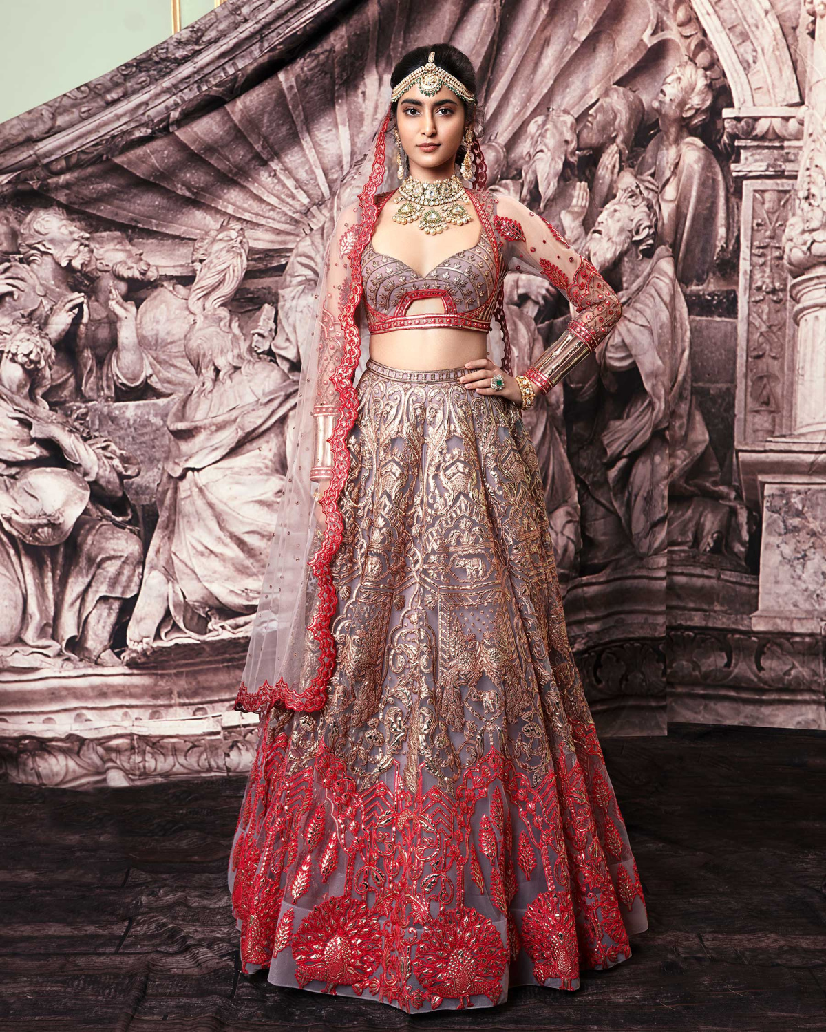 Annie Golden Foil Lehenga Set With Brown And Red