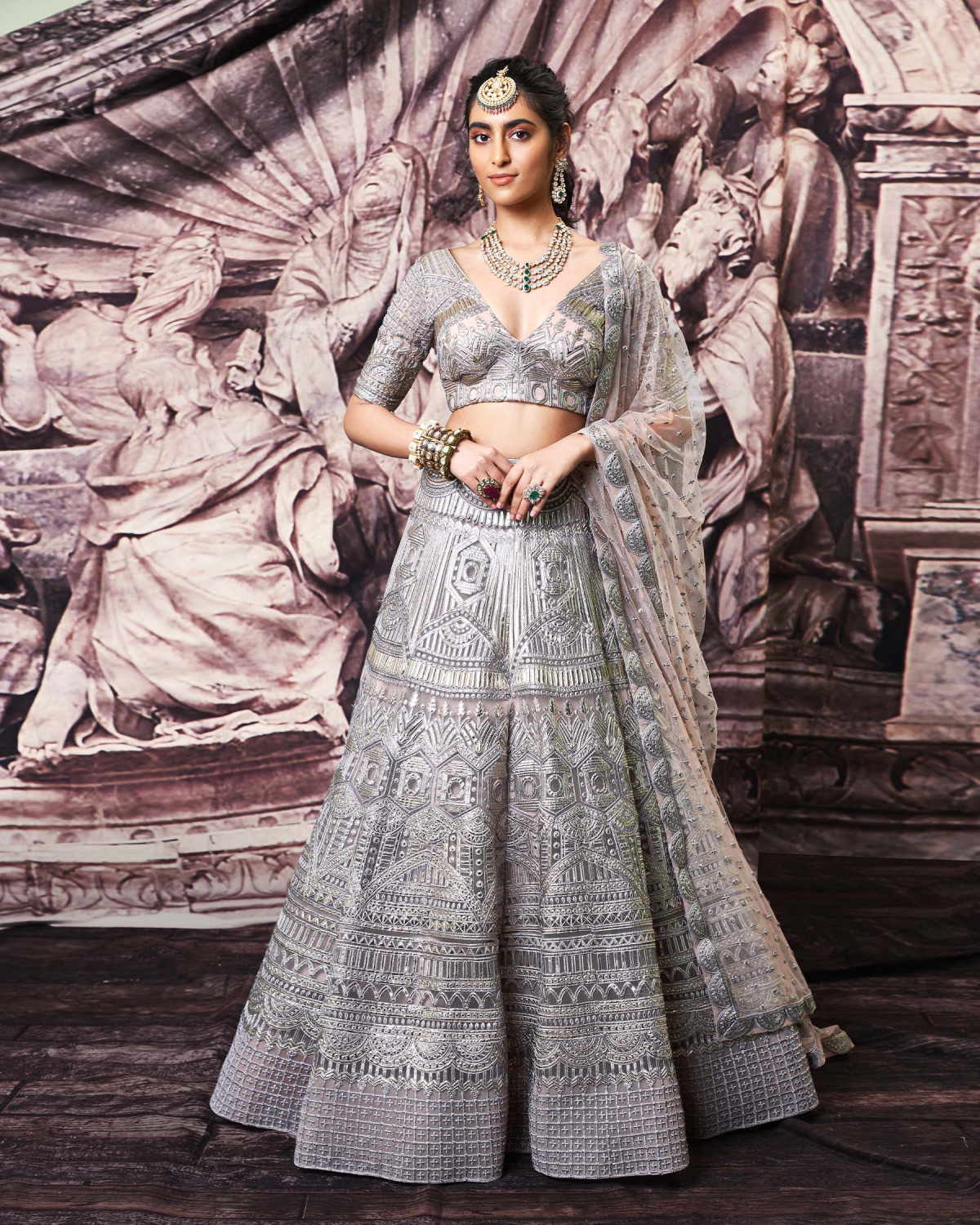 Erin Grey Tulle Lehenga Set With Golden Foil Work