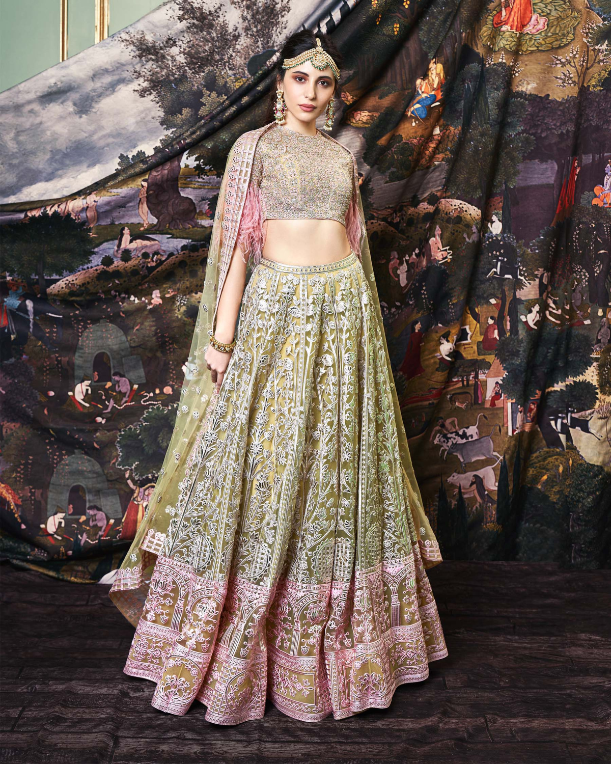 Gia Olive Green, Tulle Lehenga Set With Silk Threads