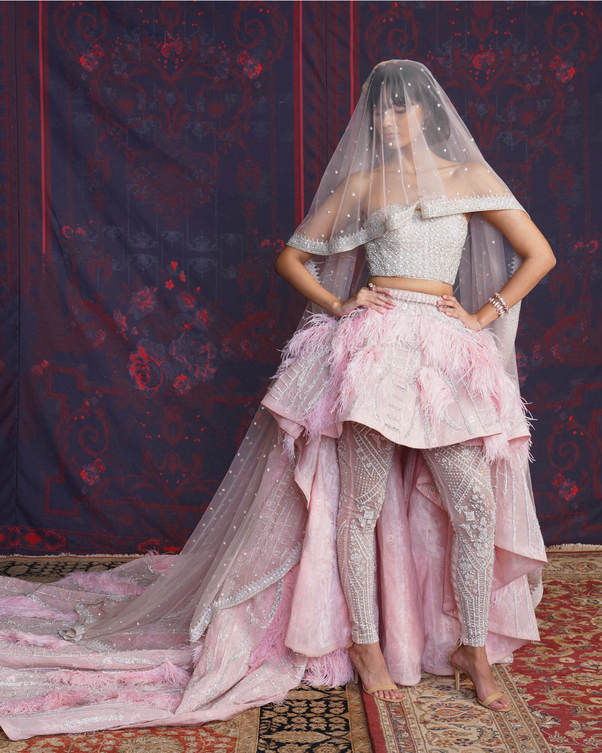 Esme Pink Asymmetrical Lehenga Set With An Off-shoulder Corset