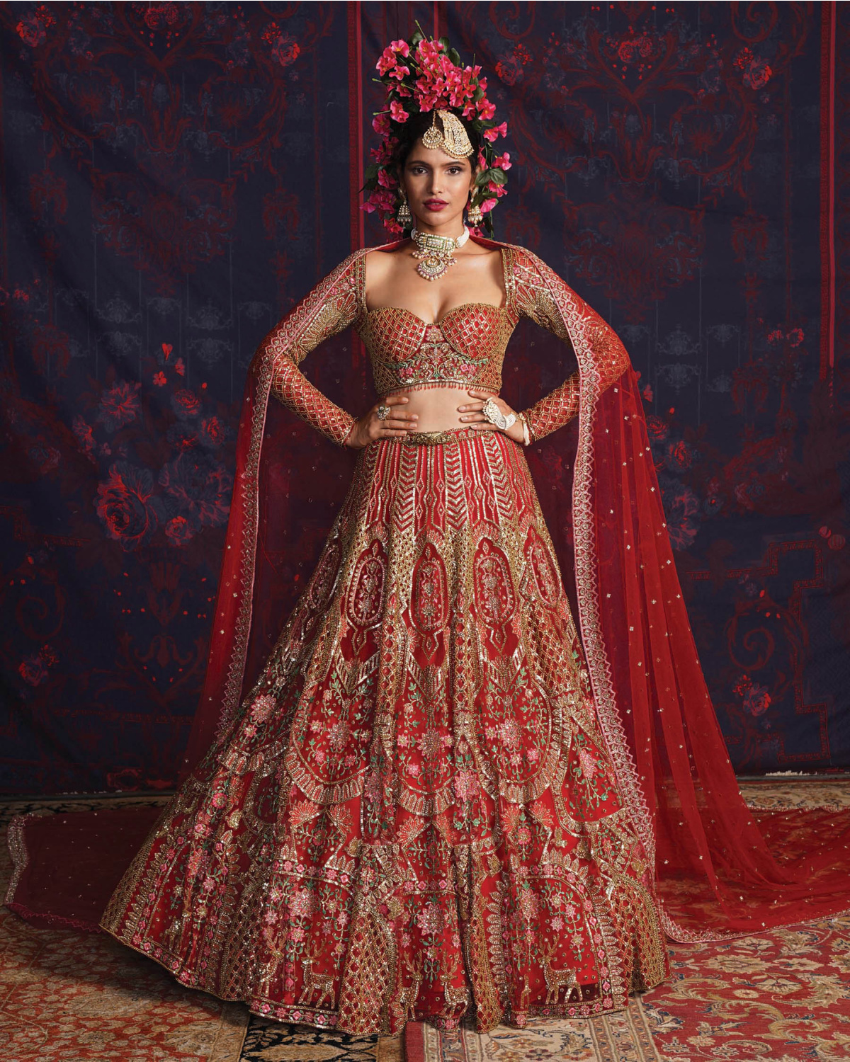 Sylvie Red Lehenga Set With A Cropped Corset Blouse And Dupatta