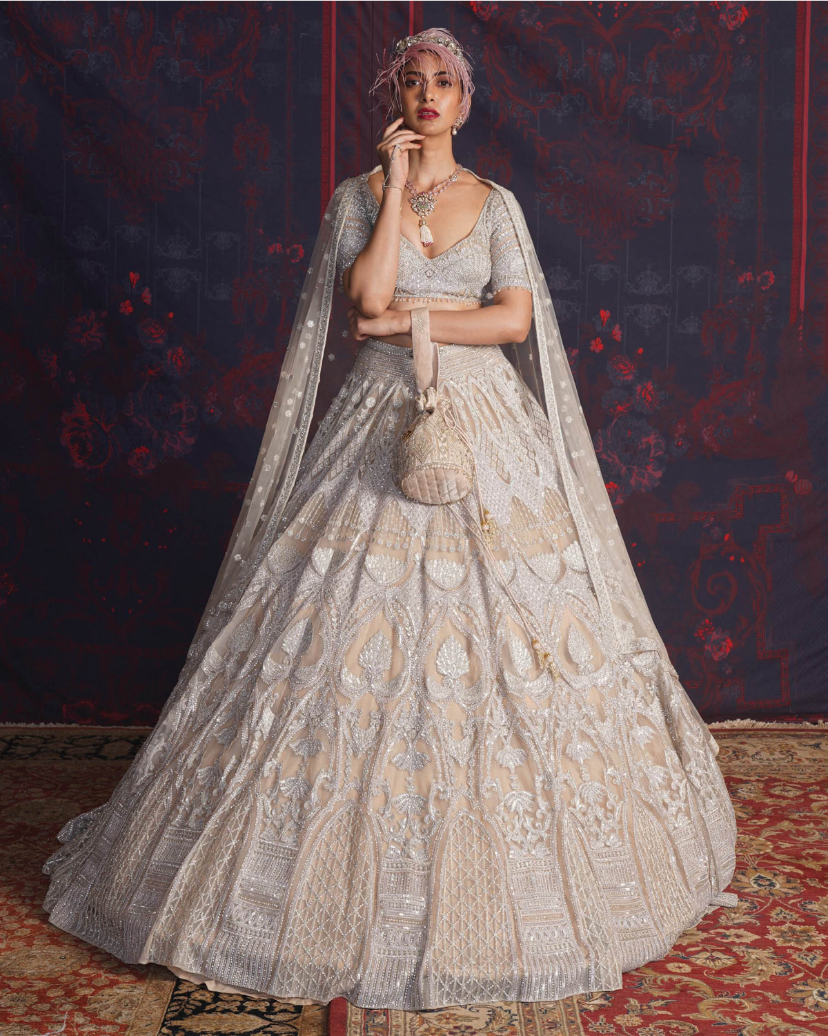 Emmeline Beige-based, Silver Lehenga Set