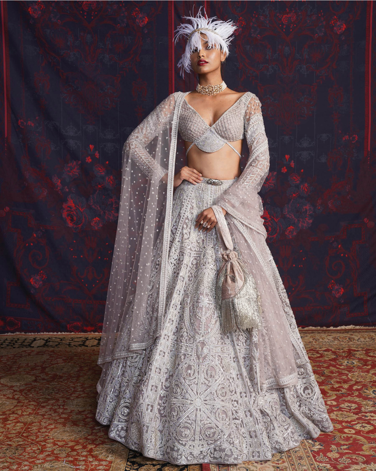 Jolie Silver Lehenga Set With A Fan-panel Blouse And Dupatta