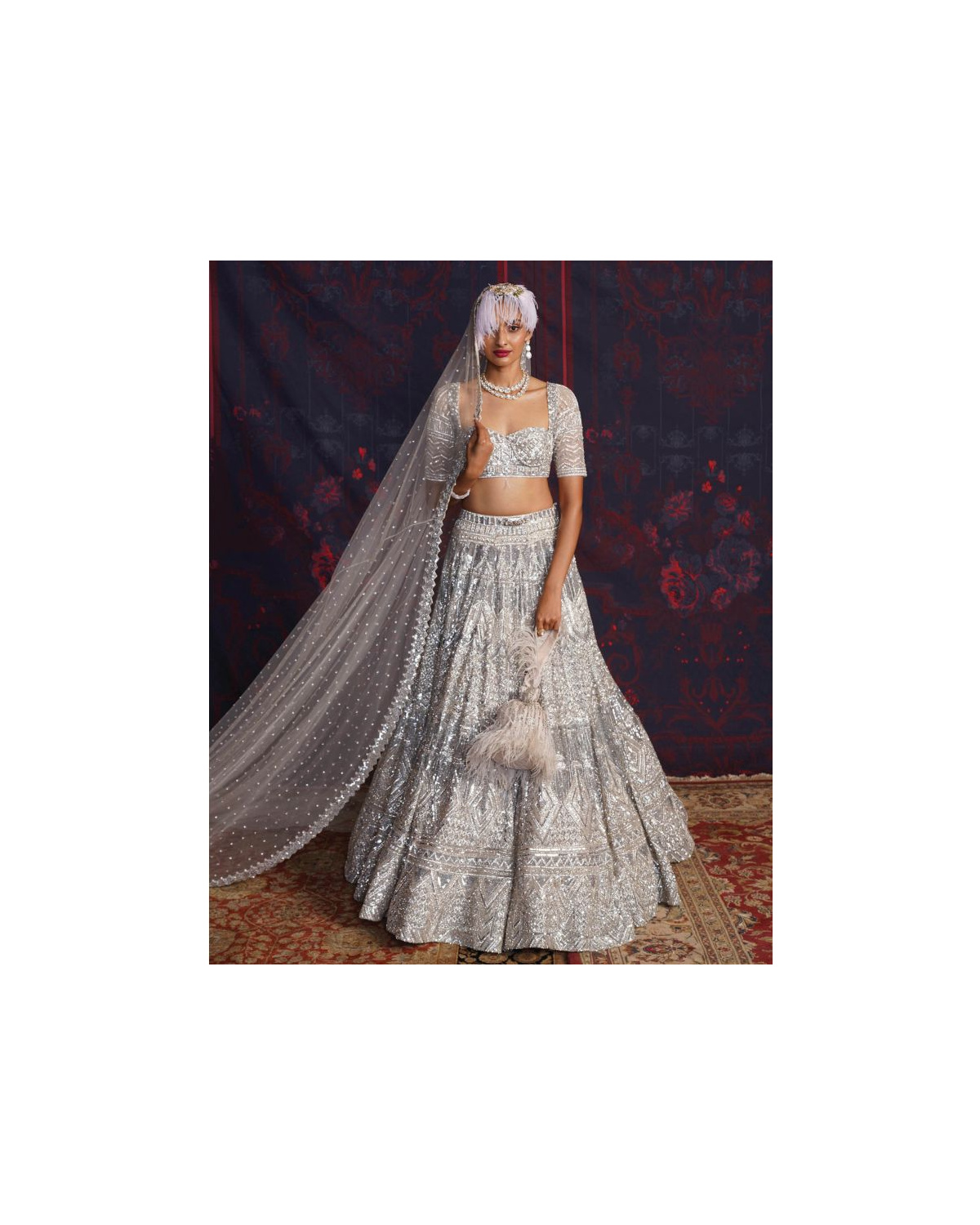 Marie Silver Lehenga Set With A Half-sleeves Blouse And Dupatta
