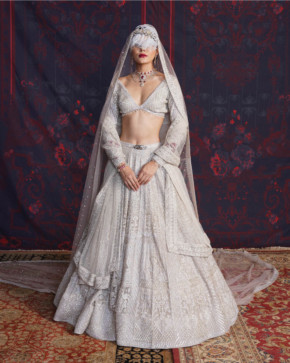 Colette Silver Lehenga Set With A Full-sleeves Blouse & Dupatta