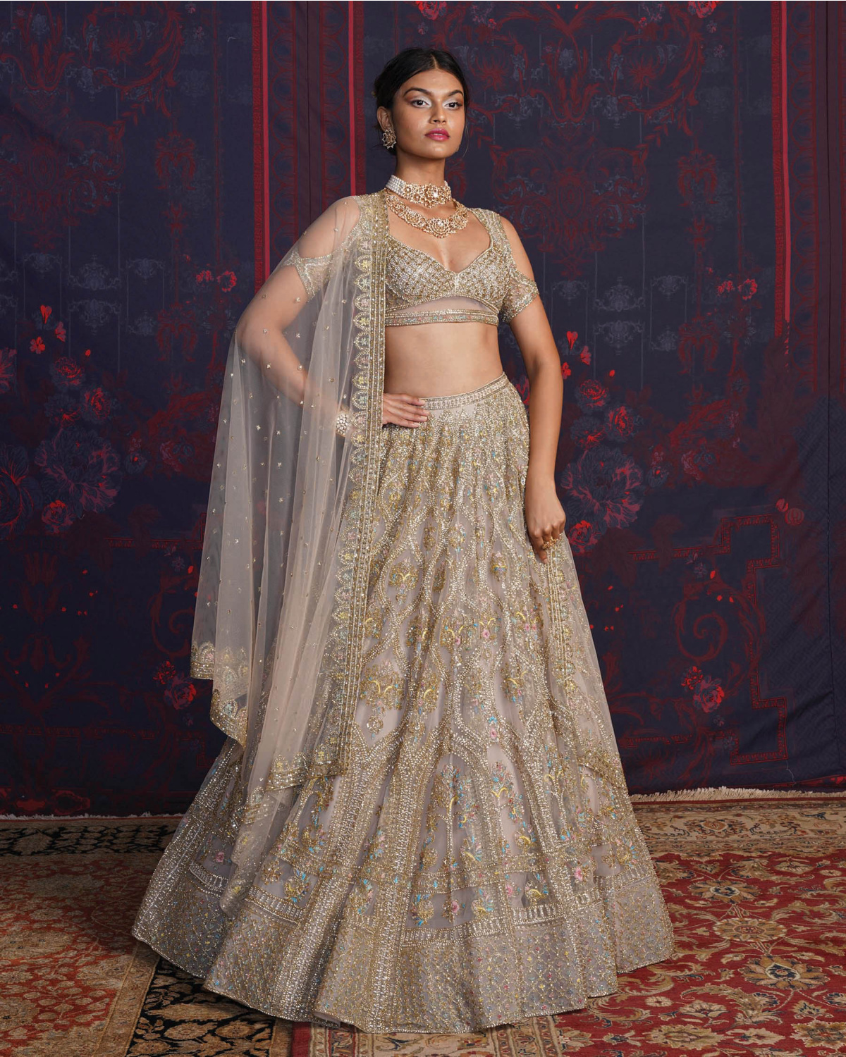 Natalia Multicolored Lehenga Set With A Cold-shoulder Blouse