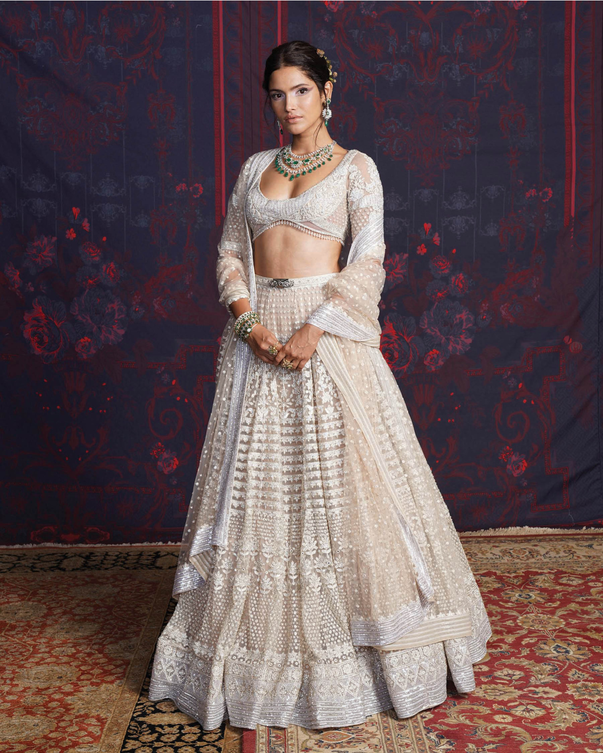 Pearl Beige-based, Ivory Lehenga Set With A Sheer-sleeves Blouse