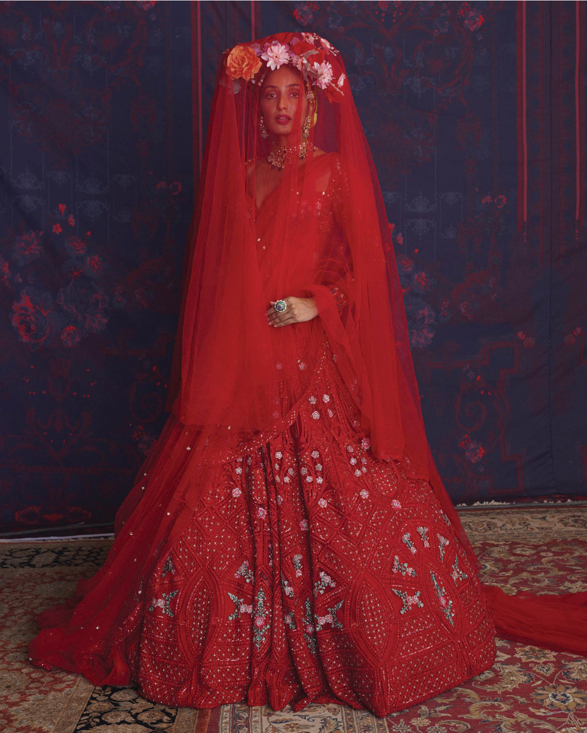 Rivka Red Lehenga Set With A Cropped Corset Blouse And Dupatta