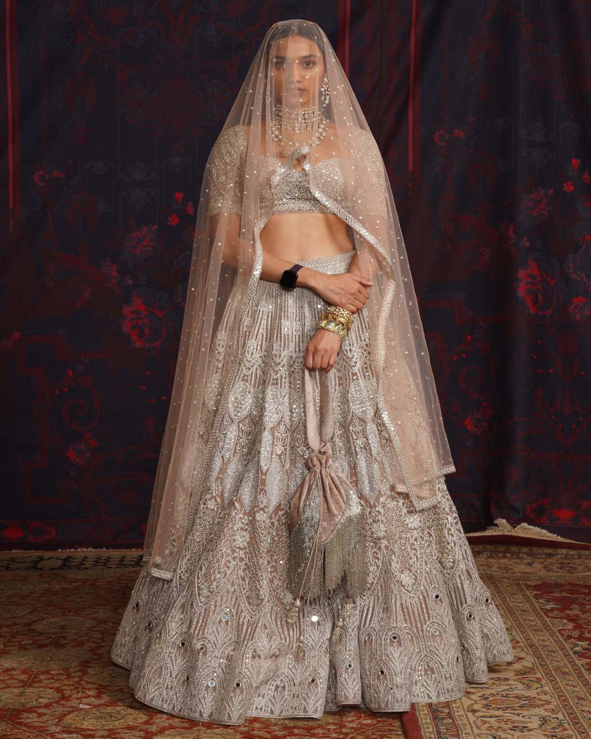 Rebecca Beige-based, Silver Lehenga Set With A Cropped Corset Blouse