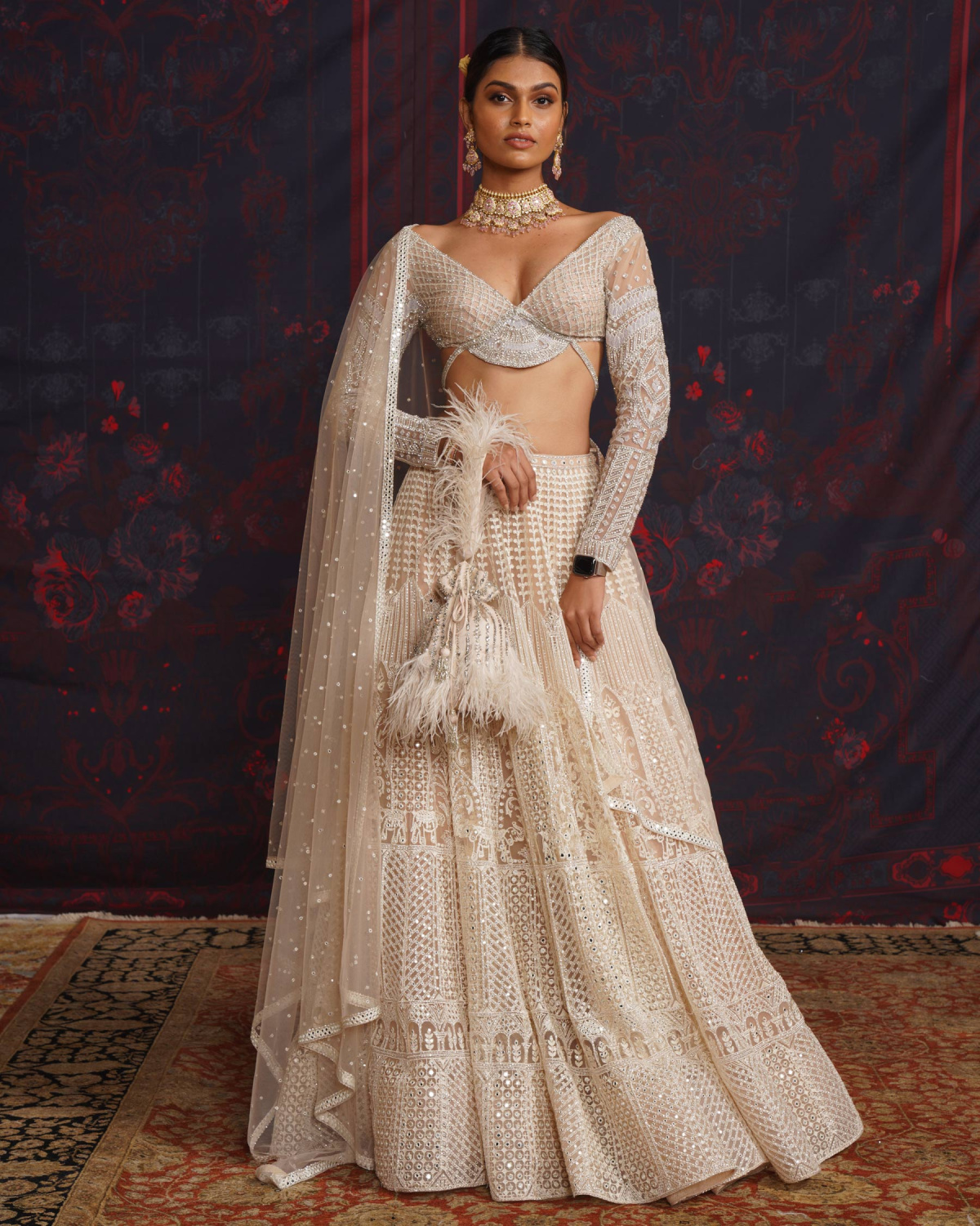 Neriah Light Beige-based, Ivory Lehenga Set With A Fan-panel Blouse