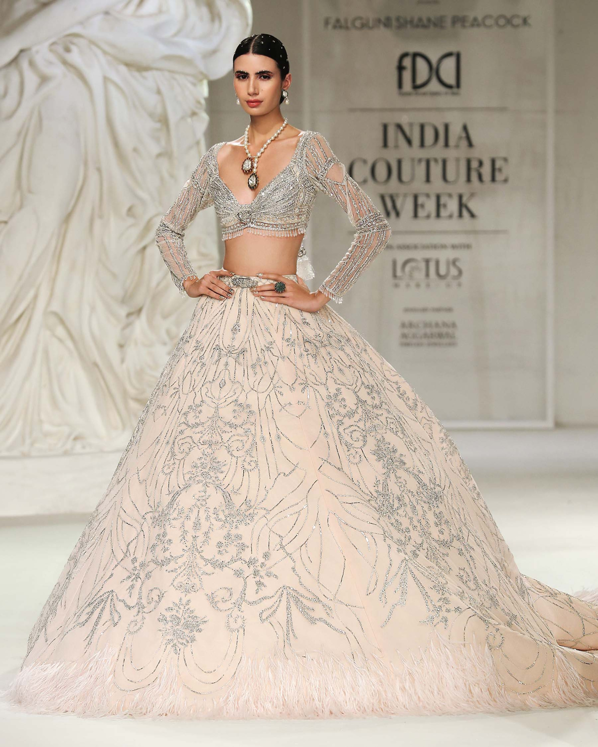 Magnolia Light Beige-based, Silver Lehenga Set With Foliage Motifs
