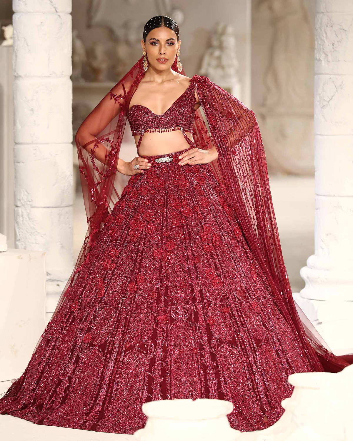 Kamilah Lehenga Set Pompeian Red Floral Architectural Motifs