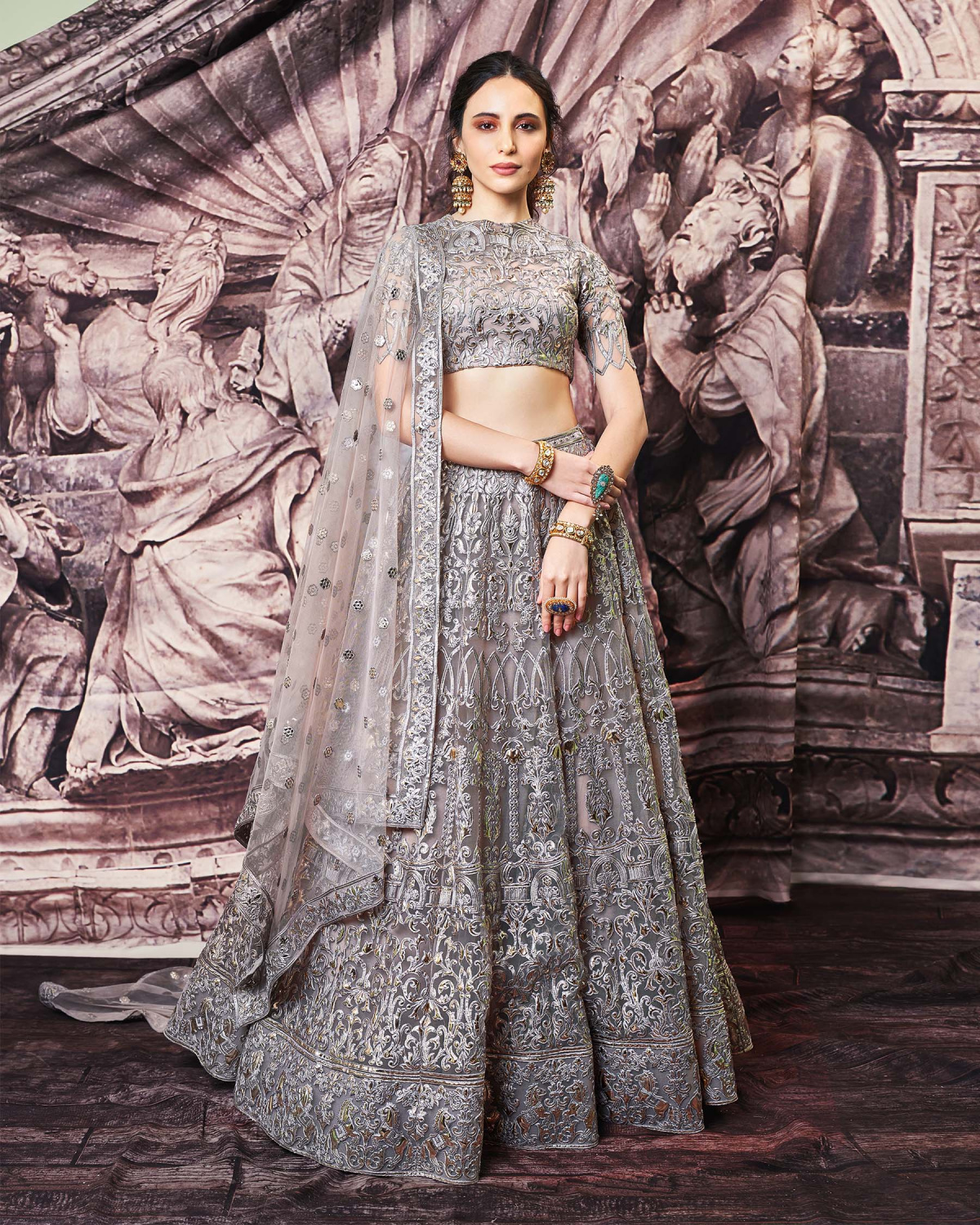 Kelsey Greyish-brown, Golden Foil Lehenga Set