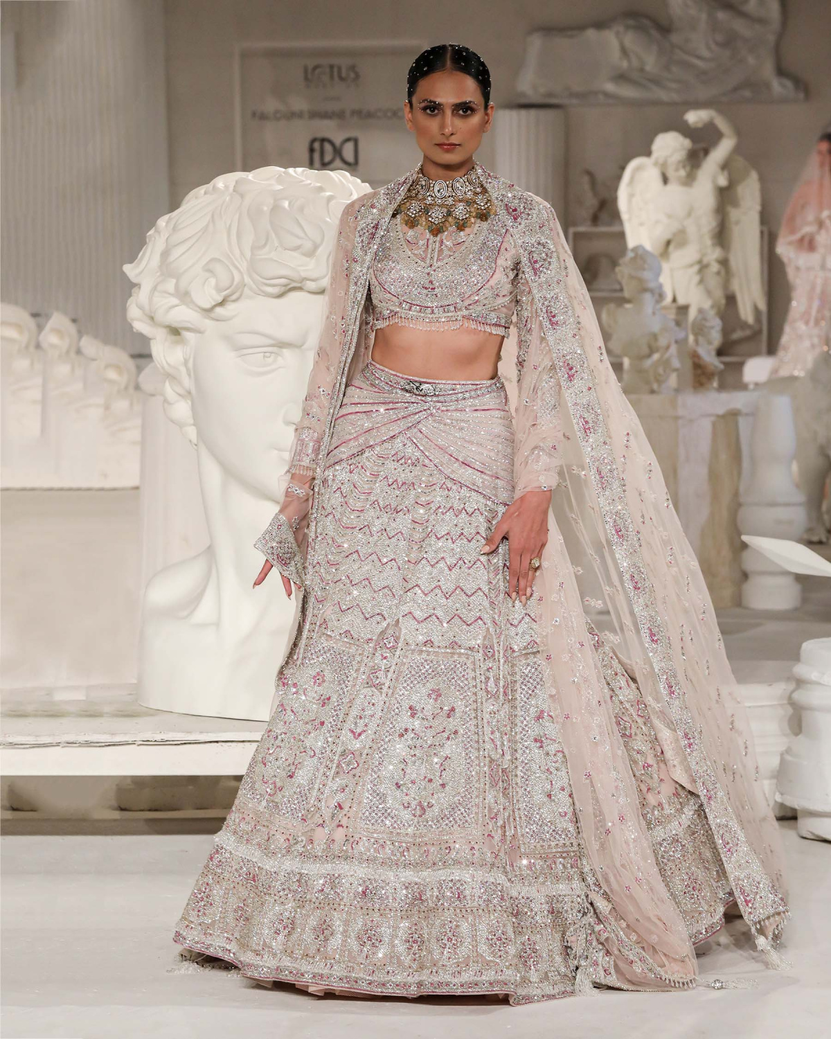Lindsay Lehenga Set Powder Pink Silver Maroon Chevron Pattern
