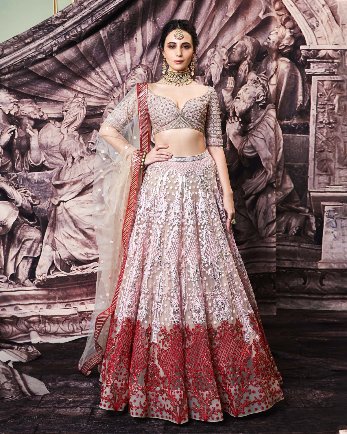 Lisa Beige Tulle And Golden Foil Work Lehenga Set