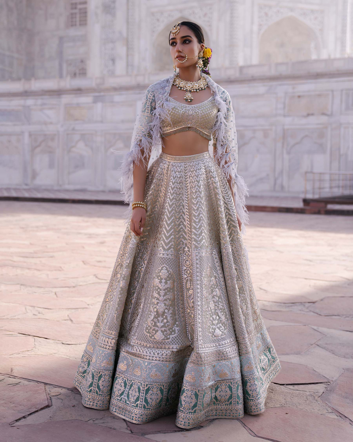Virginia Light Beige-based, Light Gold Chrome Applique Lehenga Set