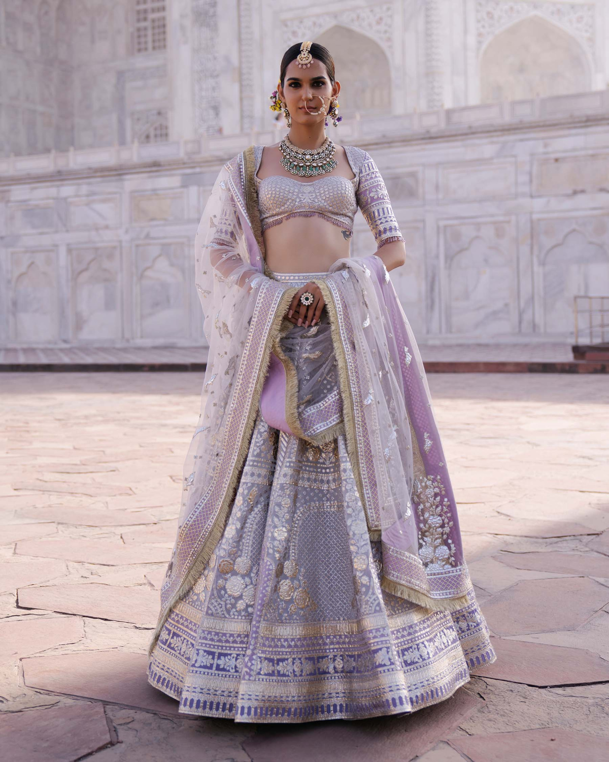 Tiffany Wispy Cloud Grey-based, Golden Chrome Applique Lehenga Set