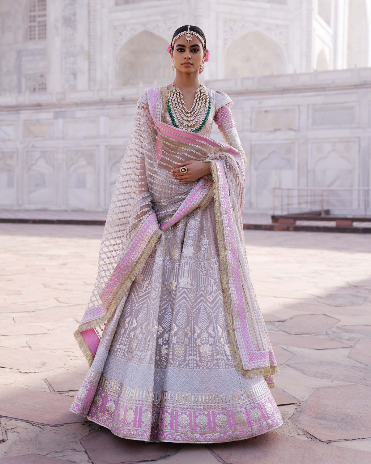 Valentina Light Mauve-based, Light Gold Chrome Applique Lehenga Set
