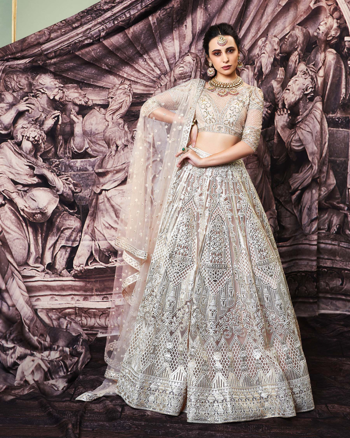 Melanie Beige, Tulle Lehenga Set With Golden Foil