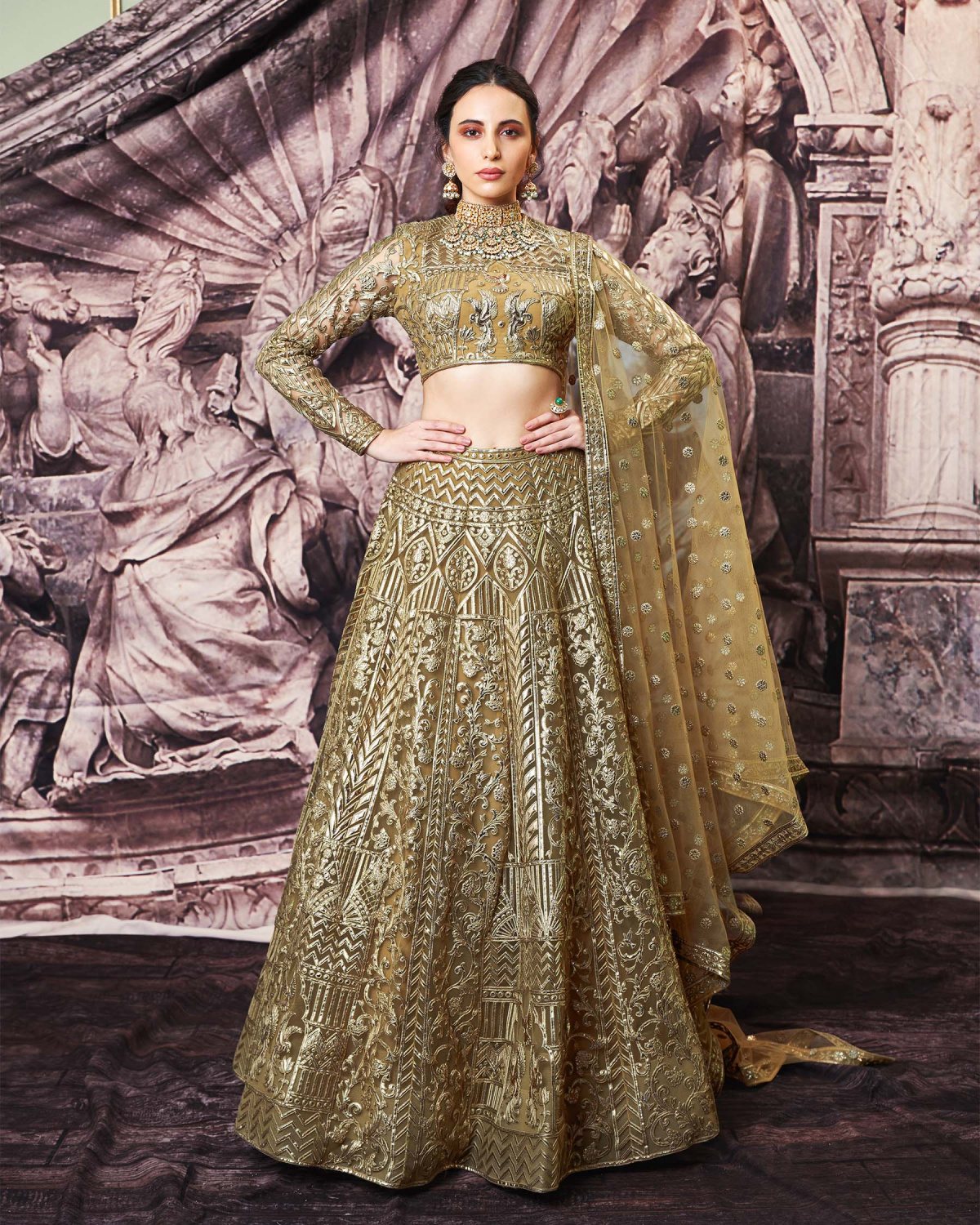 Regina Olive Green, Golden Foil Lehenga Set