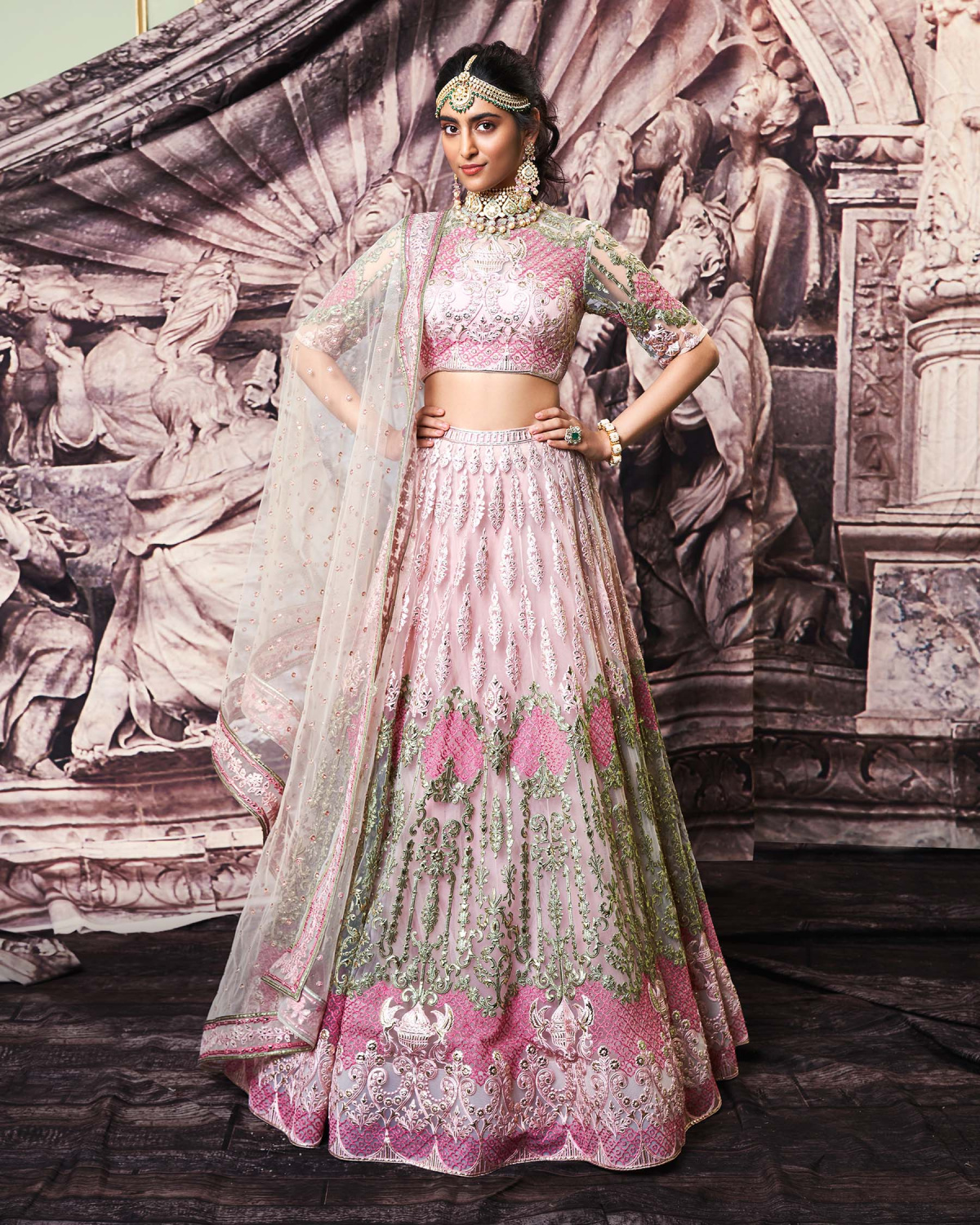 Sabrina Golden Foil Lehenga Set With Green And Pink Silk