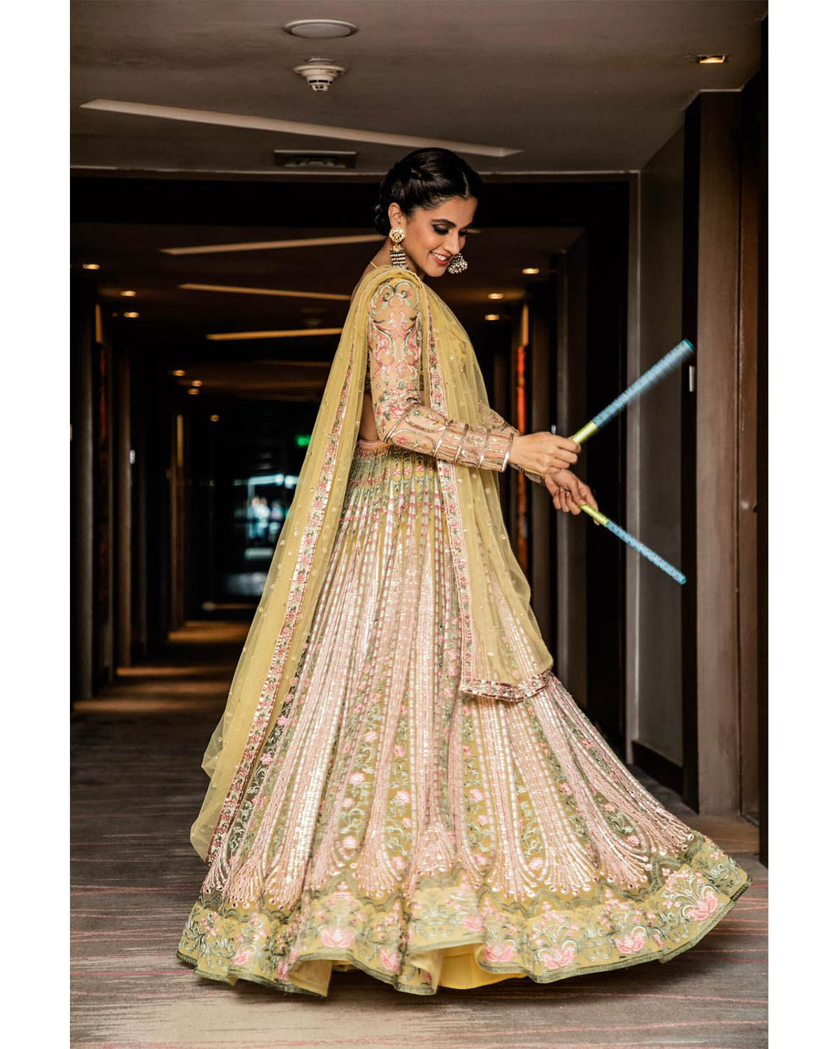 Taapsee Pannu Yellow Lehenga With Silk Threadworks , Beads And Crystals