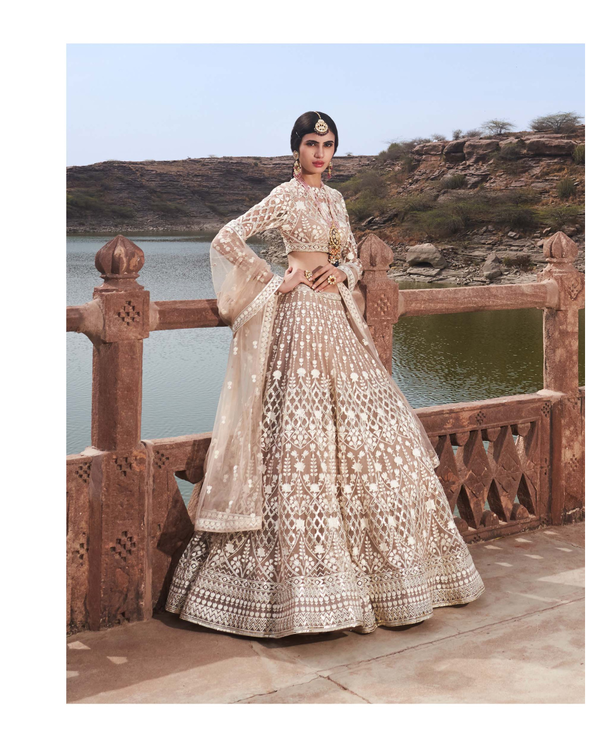 Beige Lehenga Set With Embroidered Details