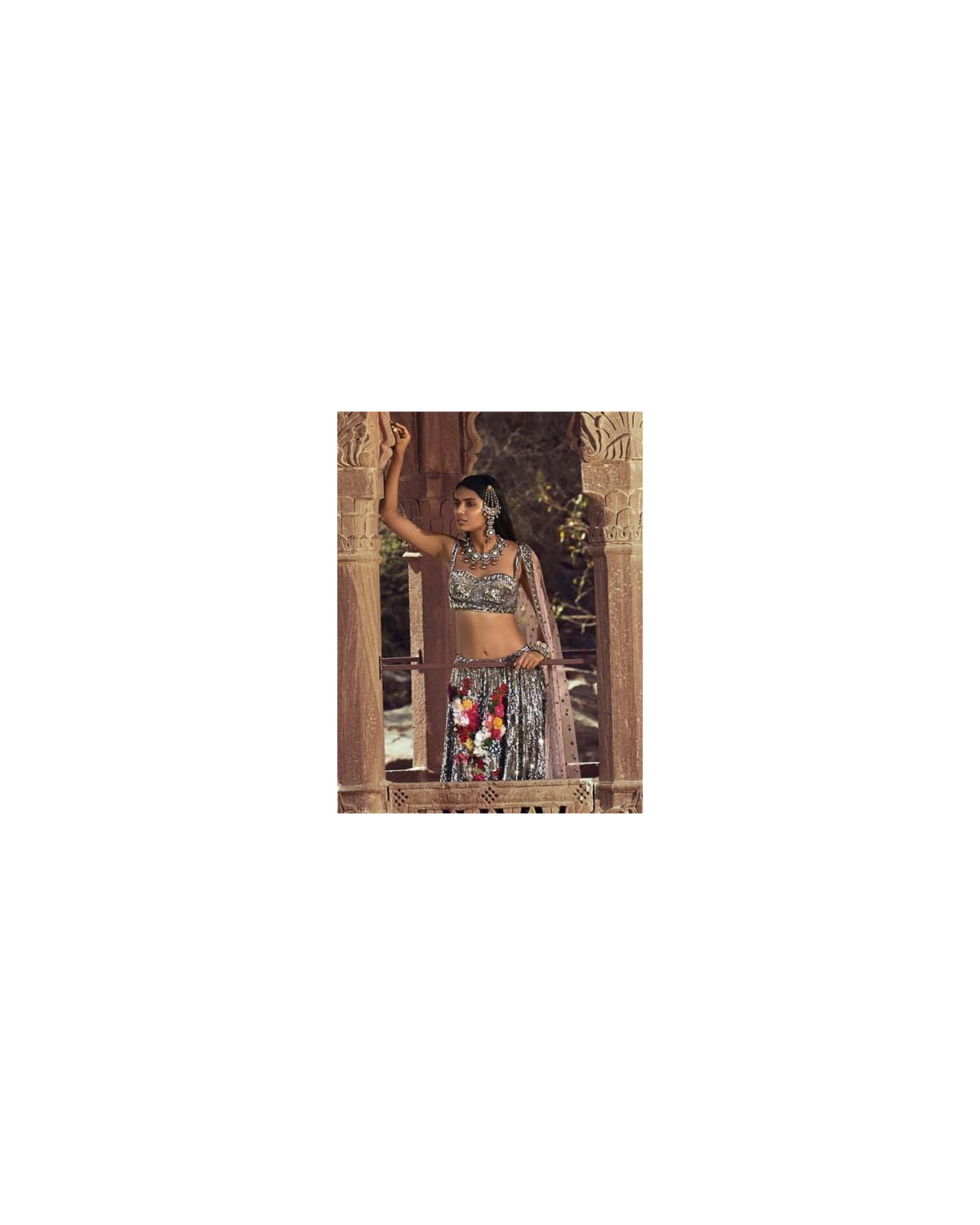 Gunmetal-hued Floral Embroidered Lehenga