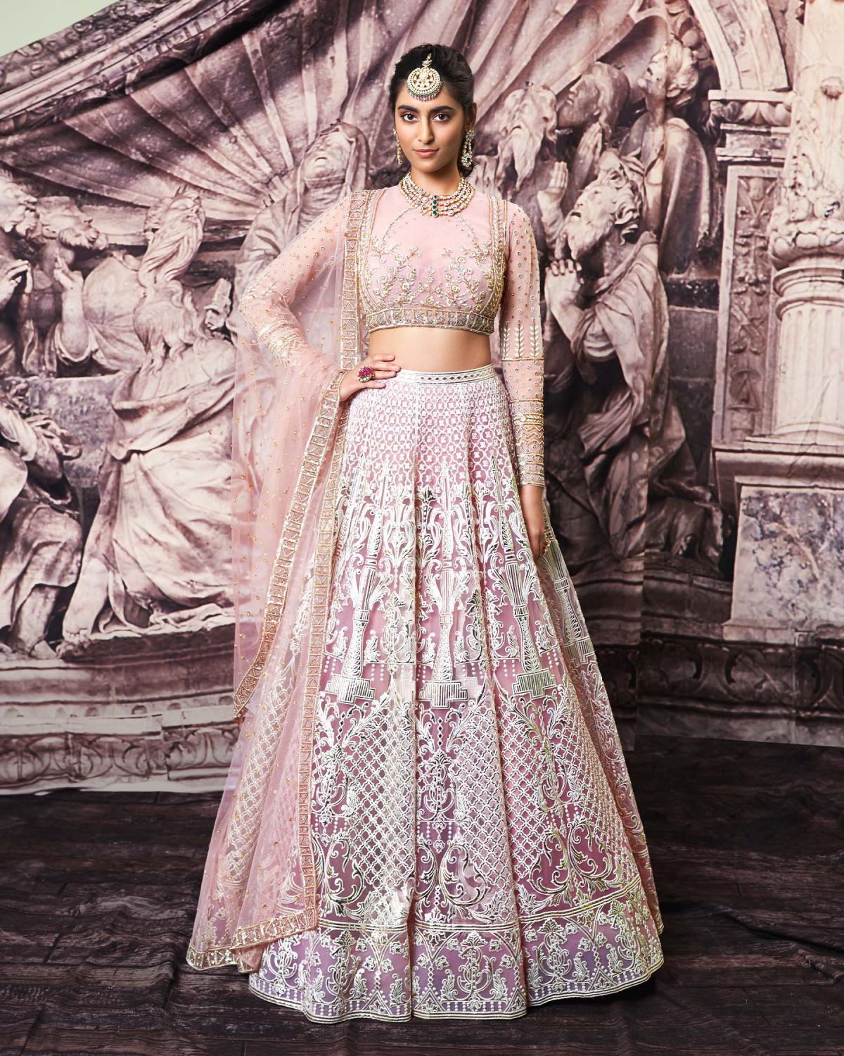Viviana Beige Lehenga Set With Golden Foil Work