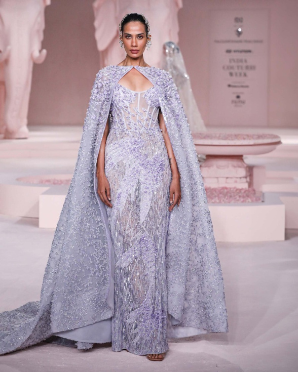 Julianne Misty Lilac Corset Gown with Crystal Embellishments & Floral Cape