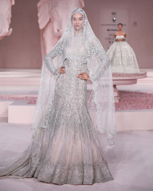 June Light Pink Full-Sleeved Mermaid Gown with Silver Embroidery