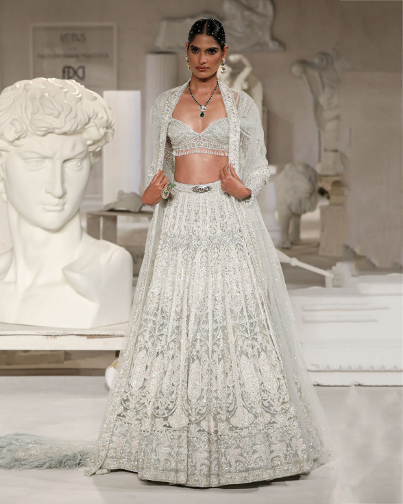 Joy Lehenga Set Spa Blue Silver Architectural Foliage Motifs