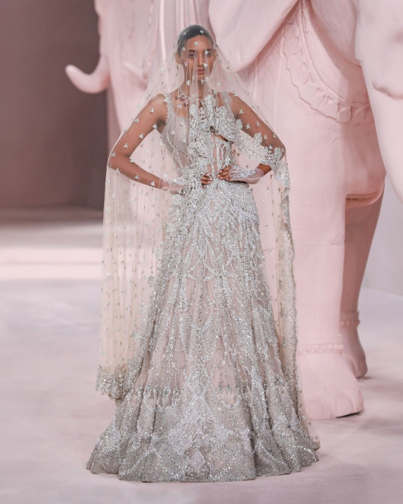 Kira Light Peach Sleeveless Gown with Silver Embroidery & Sheer Crystal Bodice