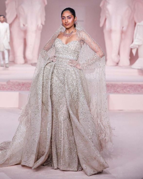 Shiloh Light Grey Strapless Sweetheart Gown with Gold Embroidery & Feather Veil