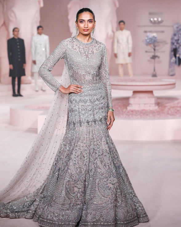 Milana Mauve Mermaid Gown with Full Sleeves, Trail & Embellished Tulle Veil