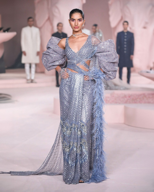 Myah Blue Saree Gown with Gunmetal Embroidery & Sequins