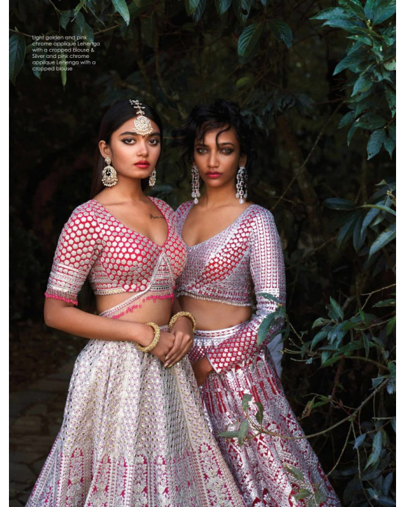 Light Golden And Pink Chrome Applique Lehenga Set And Silver And Pink Chrome Applique Lehenga Set