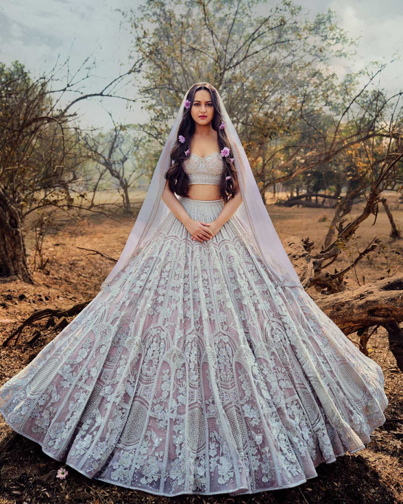 Sonakshi Sinha Light Pink Foliage Embroidered Lehenga Set