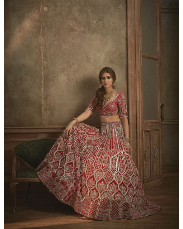 Kriti Sanon Red Lehenga With Multicolored Threadwork Details