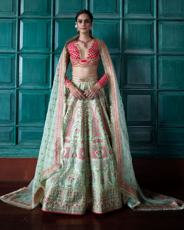 Fayette Light Green-based Lehenga Set Featuring Floral Motifs
