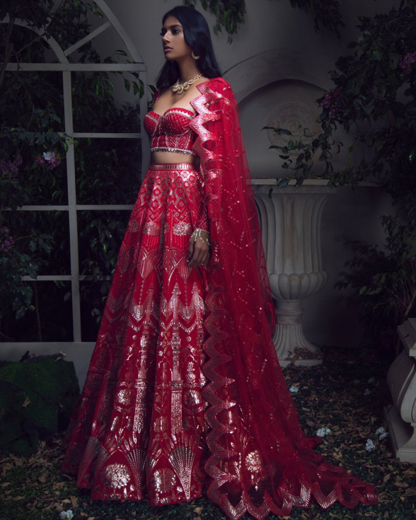 Nataly Chrome Applique Red Lehenga Set