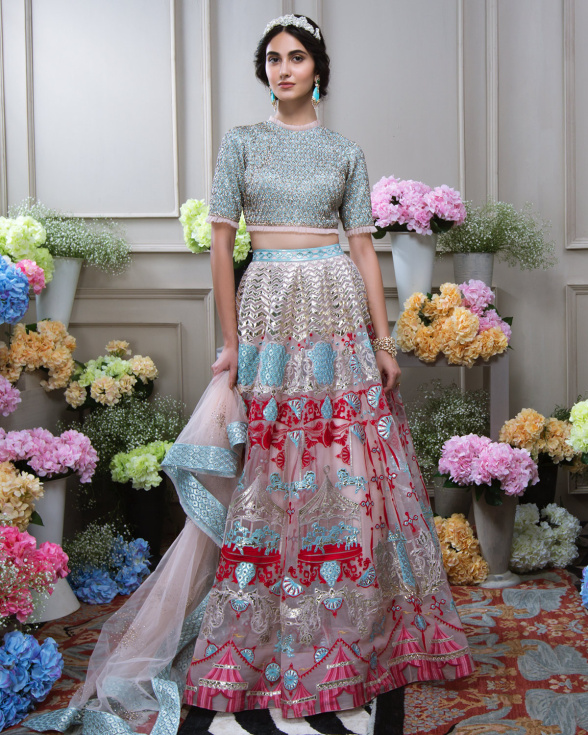 Buy Misty Blue & Fuchsia Rose Chrome Applique Lehenga - Falguni Shane Peacock