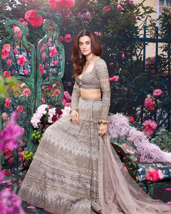 Taapsee Pannu Grey Embroider Lehenga Set With Feather