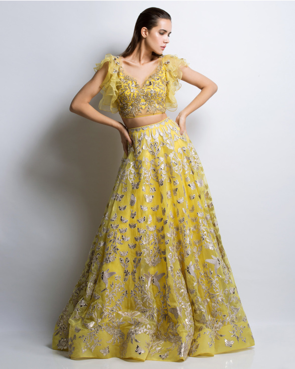 Designer Butterscotch Yellow Organza Lehenga - Falguni Shane Peacock
