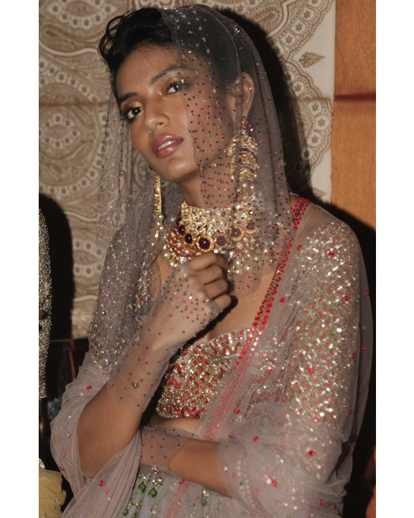 Veda Beige Red Pink Embroider Lehenga Set